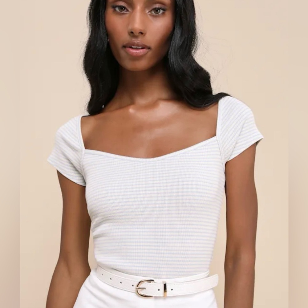 Lulus Striped Sweetheart Neck Baby Tee Top Size M